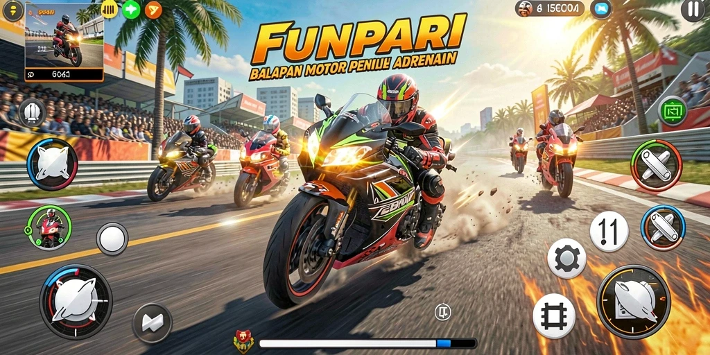 Tampilan gameplay seru dari FUNPARI dengan balapan motor yang mengesankan.