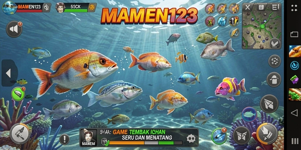 Screenshot gameplay MAMEN123 menunjukkan aksi menangkap ikan yang menyenangkan.