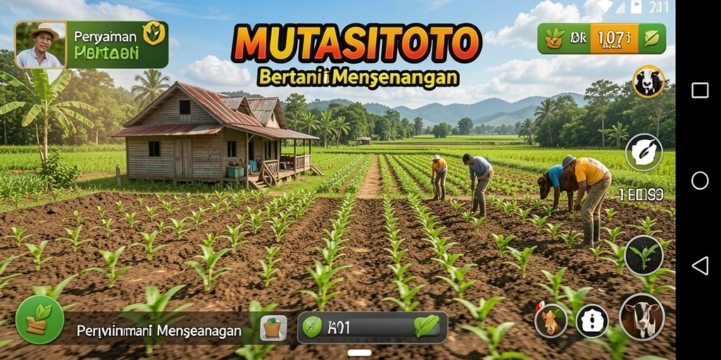 Tangkapan layar gameplay MUTASITOTO menampilkan aktivitas pertanian yang penuh warna.