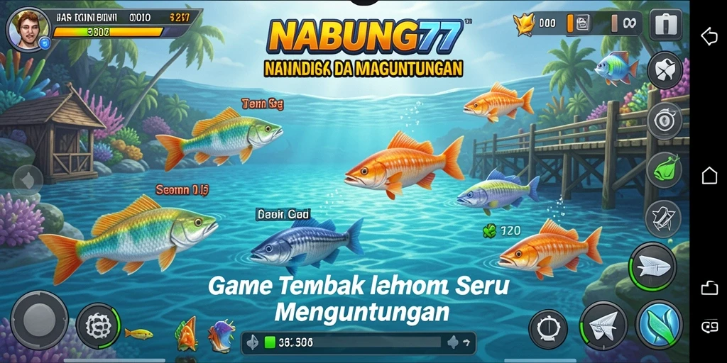 Screenshot gameplay NABUNG77 saat menembak ikan dengan efek menarik.