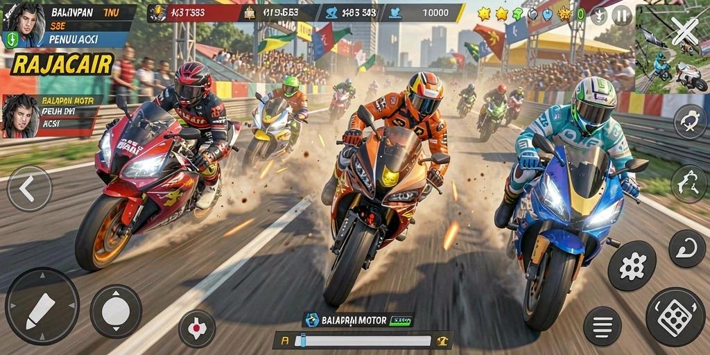 Tampilan gameplay RAJACAIR yang memukau dalam balapan motor.