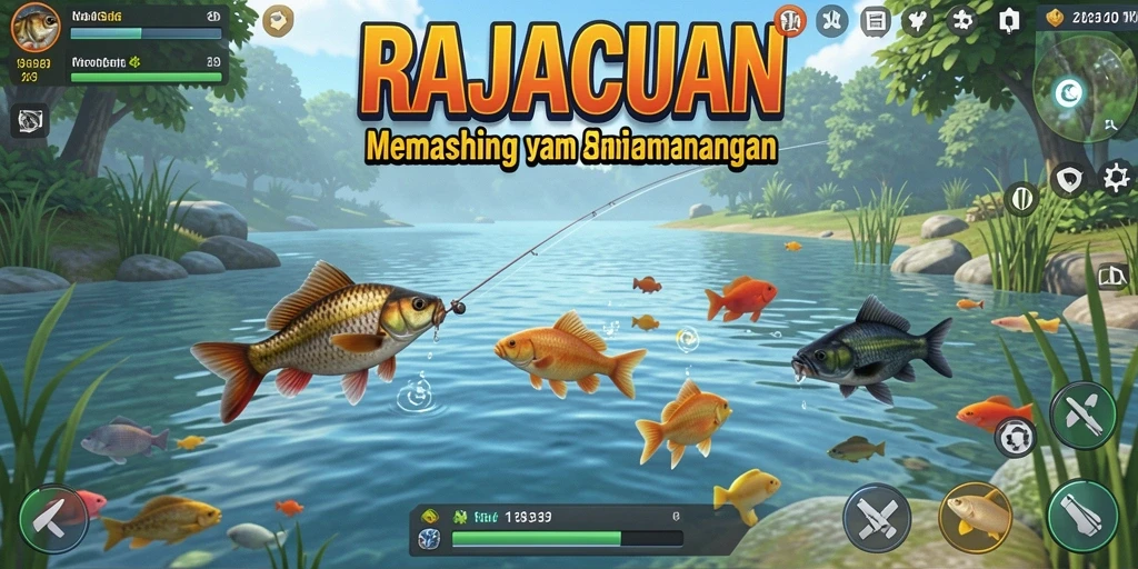 Tampilan gameplay RAJACUAN dengan suasana memancing yang menenangkan.