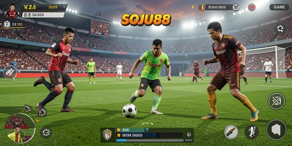 Tangkapan layar utama SOJU88 menampilkan aksi sepak bola yang seru.