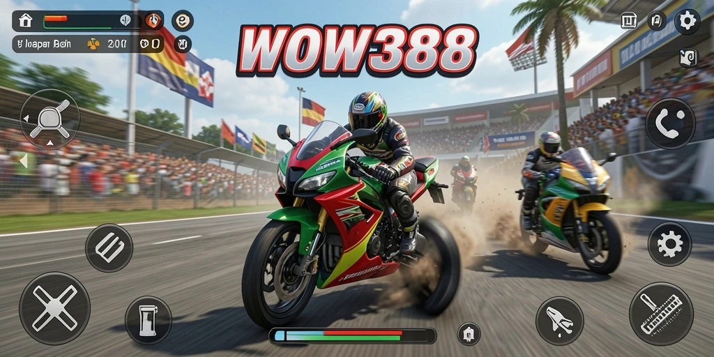 Gameplay WOW388 yang realistis dan mendebarkan saat balapan motor.